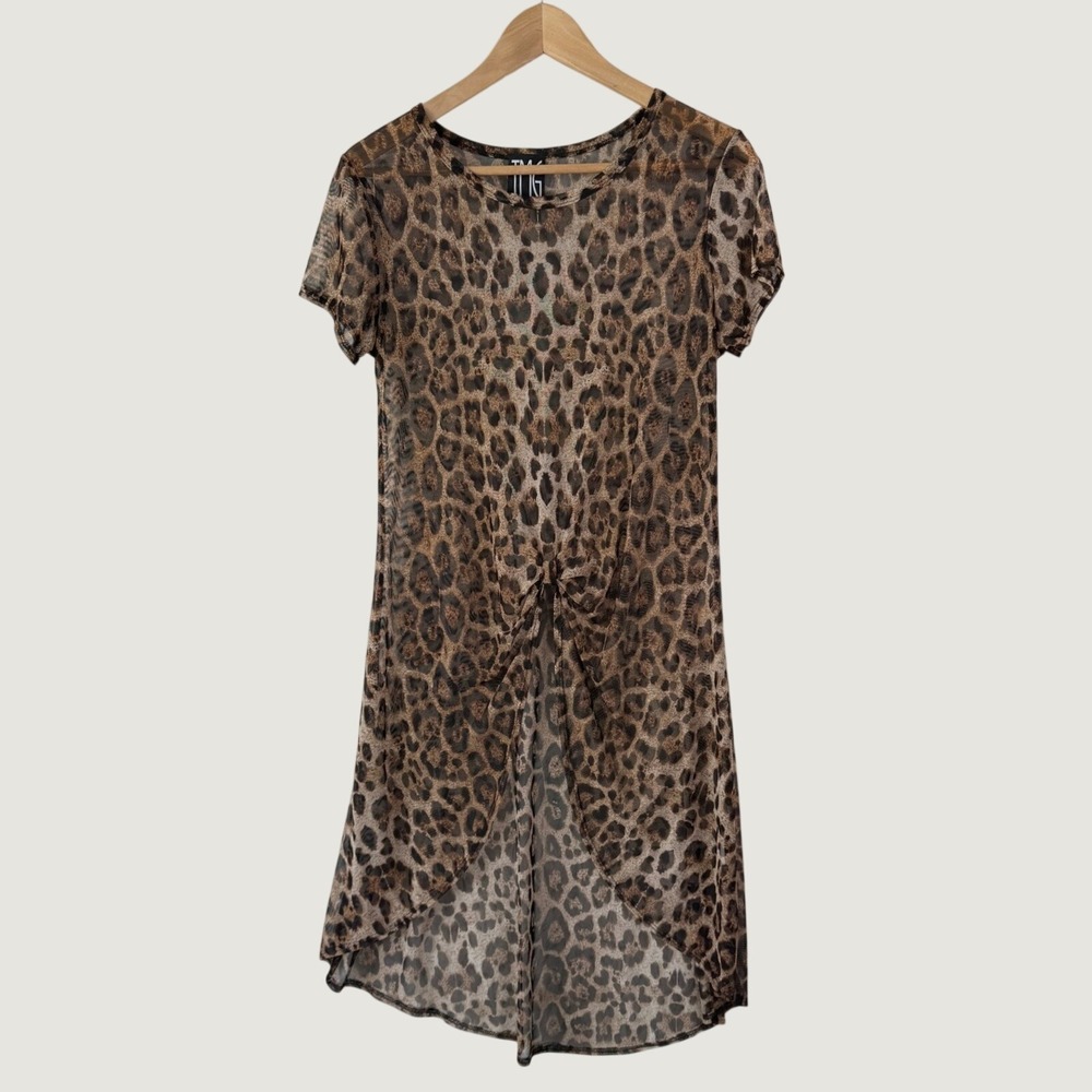 TMG New York Leopard Mesh‎ Tunic Top Brown Sheer High Low Indie Y2K Grunge club